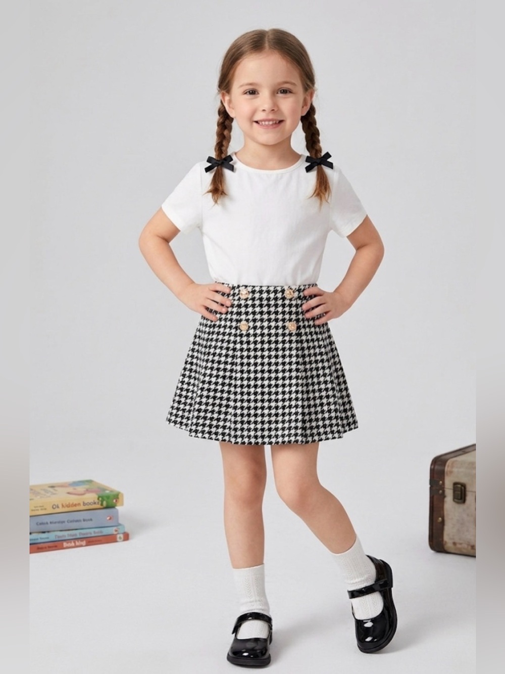 Gymboree Black & White Houndstooth A-Line Skirt with Gold Buttons